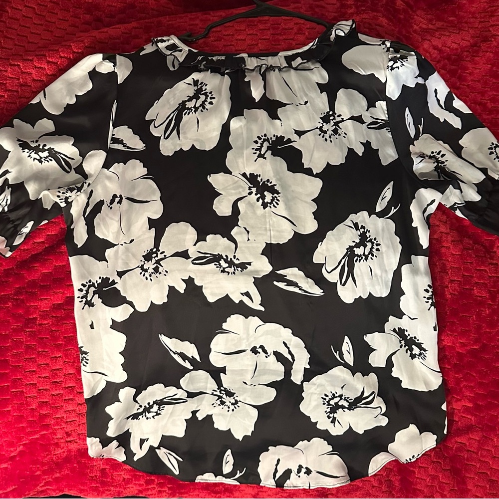 Floral Black and White Women's Satin-like Blouse
